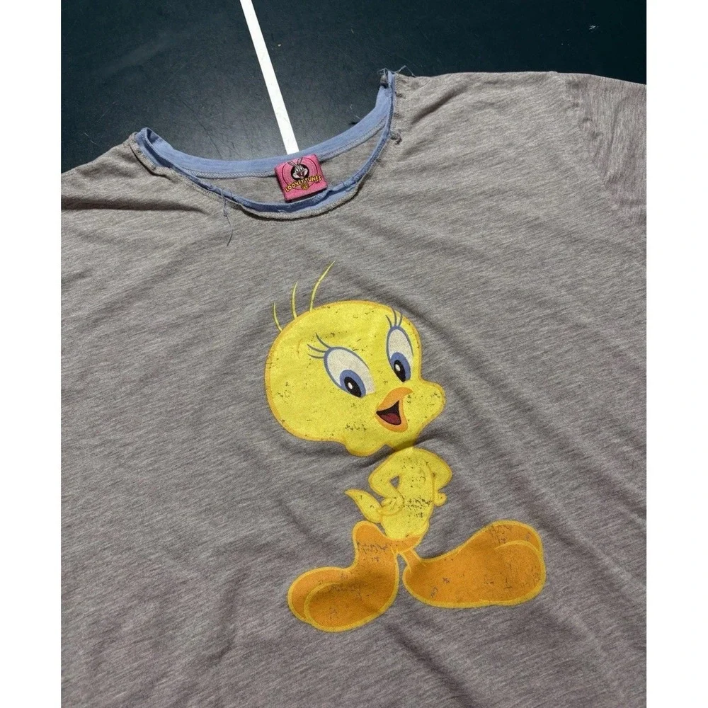 Vintage Looney Tunes Tweety Bird Ringer Tee Women's XL Gray T Shirt Y2K 2000s